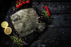 Sea delicacies. Fresh seafood. Turbot fish